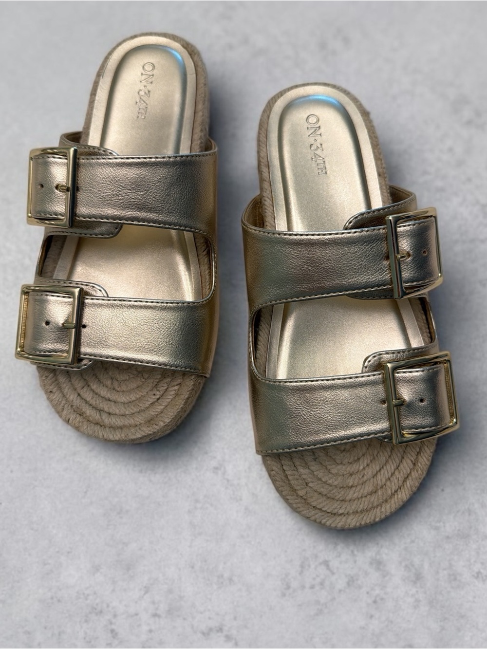 On-34th Gold Double-Buckle Slide Sandals